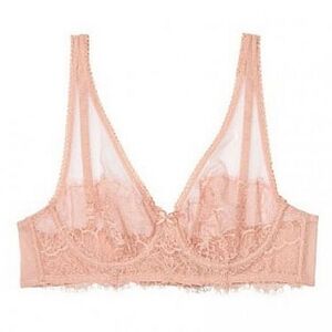 Victoria's Secret Unlined Lace 32B Full Coverage Plunge Bra Light Pink Sheer VS